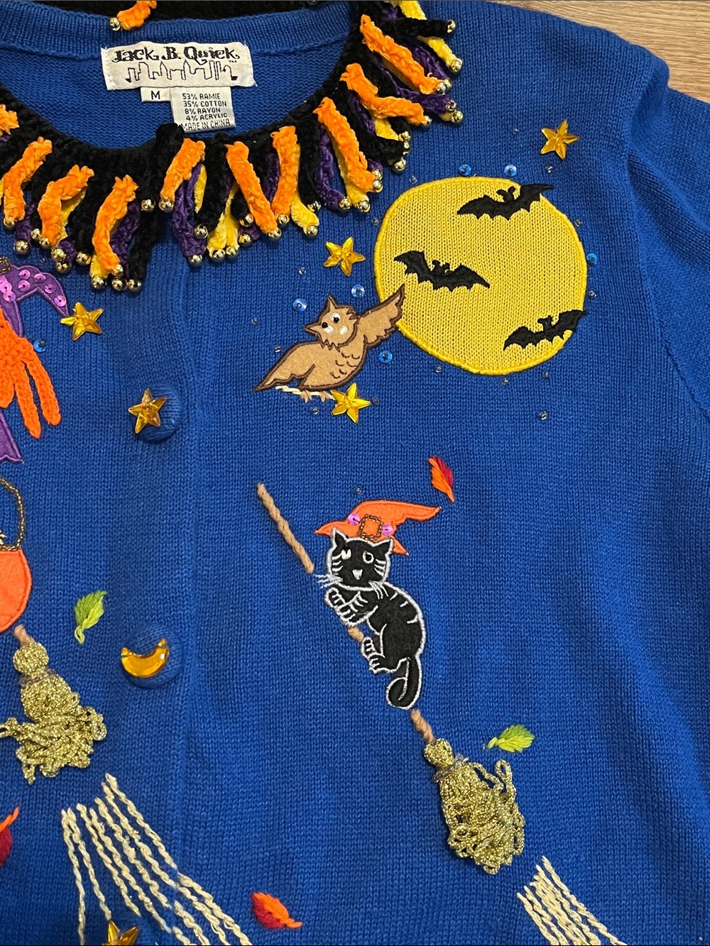 Jack B. Quick Halloween Witch Cat Pumpkin Cardigan Sweater Blue Size M Vintage - Picture 9 of 13